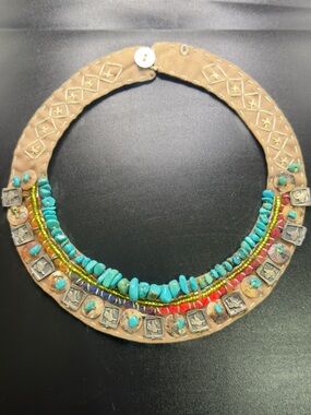 ARTISAN TIBETAN OR SOUTHWESTERN CHOKER BIB STERLING SIVER TURQUOISE NECKLACE